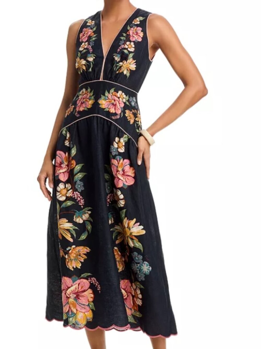 Farm Rio Dark Blue Linen Maira Floral Midi Dress Size Large NWT